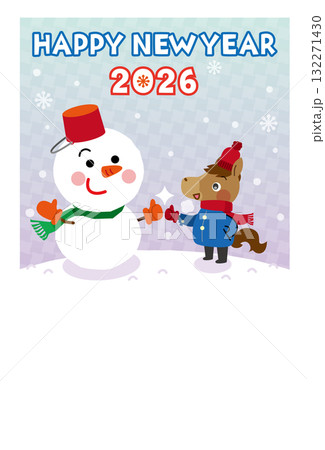 雪だるまと馬さんの年賀状イラスト（干支・冬・かわいい和風デザイン） 132271430