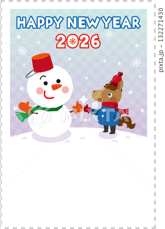 雪だるまと馬さんの年賀状イラスト（干支・冬・かわいい和風デザイン） 132271430