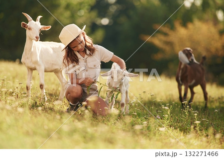 Sitting on the ground. Little girl is on the field with goats Sitting on the ground. Little girl is on the field with goats 132271466