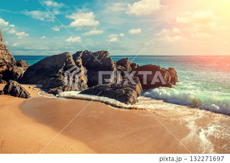 Rocky seascape on a sunny day, view of sunny bay in Setubal, Portugal 132271697