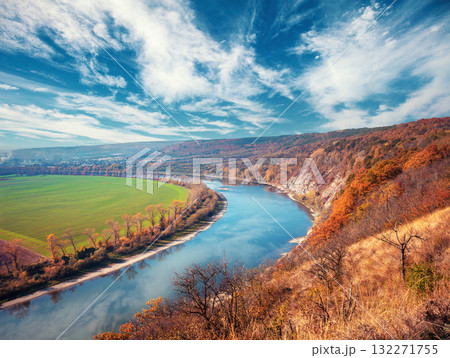 Rural landscape. River with a rocky bank in autumn. Beautiful nature 132271755