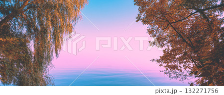 Serene lake during sunrise. Magic sunrise over the lake. Misty early morning, rural landscape. Horizontal banner Serene lake during sunrise. Magic sunrise over the lake. Misty early morning, rural landscape. Horizontal banner 132271756