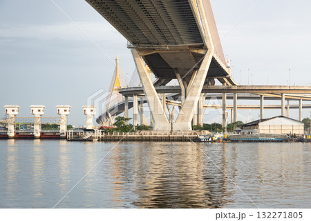 Bhumibol Bridge in Bangkok and Samut Prakan, Thailand. 132271805