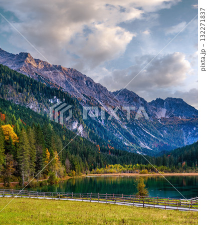 Autumn evening alpine Jaegersee lake and mountains above, Kleinarl, Land Salzburg, Austria. 132271837