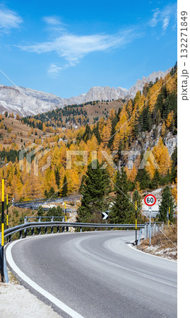 Autumn alpine Dolomites rocky mountain scene, Sudtirol, Italy. Peaceful view near Gardena and Sella Pass. Autumn alpine Dolomites rocky mountain scene, Sudtirol, Italy. Peaceful view near Gardena and Sella Pass. 132271849