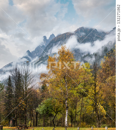 Cloudy and foggy autumn alpine mountain scene. Austrian Lienzer Dolomiten Alps. Cloudy and foggy autumn alpine mountain scene. Austrian Lienzer Dolomiten Alps. 132271862