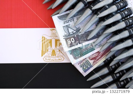 Egyptian pound currency money bills and rifle bullets on flag close up. The concept of warfare and gun selling 132271979