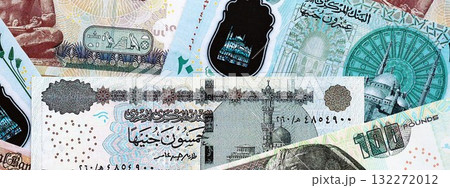 Egyptian pound currency money bills. The current banknotes lies on table in big amount close up 132272012