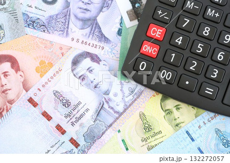 Thai baht currency money bills and calculator close up. The concept of taxation and money count 132272057