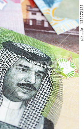 Bahraini dinar currency money bills. The current banknotes lies on table in big amount close up 132272121
