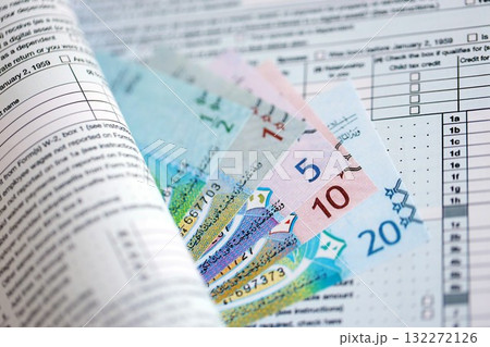 Kuwaiti dinar money bills on tax form close up. Taxation and accounting concept 132272126