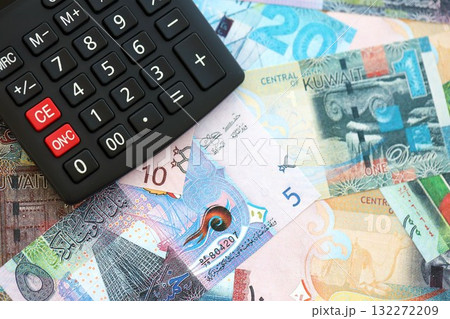Kuwaiti dinar currency money bills and calculator close up. The concept of taxation and money count 132272209