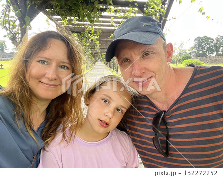 Family outdoors taking a selfie by camera, portrait. Happy holiday and vacation concept Family outdoors taking a selfie by camera, portrait. Happy holiday and vacation concept 132272252
