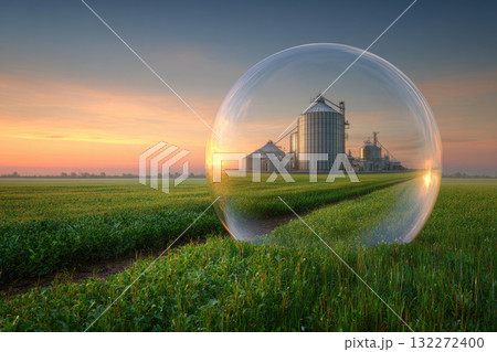 Surreal transparent bubble encases modern grain silo on green field at sunrise, blending agriculture and fantasy with peaceful, dreamlike atmosphere and soft natural light Surreal transparent bubble encases modern grain silo on green field at sunrise, blending agriculture and fantasy with peaceful, dreamlike atmosphere and soft natural light 132272400