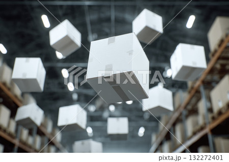 Floating cardboard box warehouse interior modern minimalist style surreal scene industrial lighting storage shelves logistics shipping distribution creative concept Floating cardboard box warehouse interior modern minimalist style surreal scene industrial lighting storage shelves logistics shipping distribution creative concept 132272401