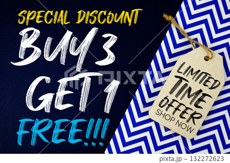 Buy 3 Get 1 Free!!! with Limited Time Offer text on price tag on dark navy blue and blue chevron background Buy 3 Get 1 Free!!! with Limited Time Offer text on price tag on dark navy blue and blue chevron background 132272623