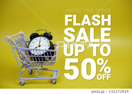 Flash Sale 50% off Promotion and Marketing with trolley shopping cart and alarm clock on yellow background 132272654