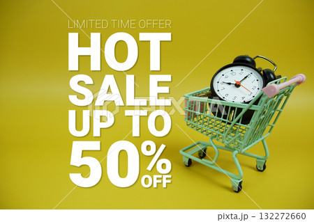 Hot Sale 50% off Promotion and Marketing with trolley shopping cart and alarm clock on yellow background 132272660