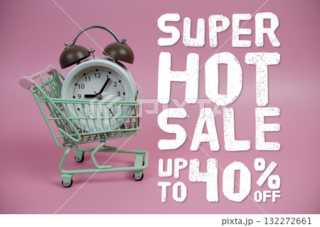 Hot Sale 40% off Promotion and Marketing with trolley shopping cart and alarm clock on pink background 132272661