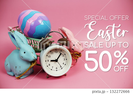 Easter Sale 50% promotion with Alarm clock, Easter Egg and rabbits decorations concept on pink background Easter Sale 50% promotion with Alarm clock, Easter Egg and rabbits decorations concept on pink background 132272666