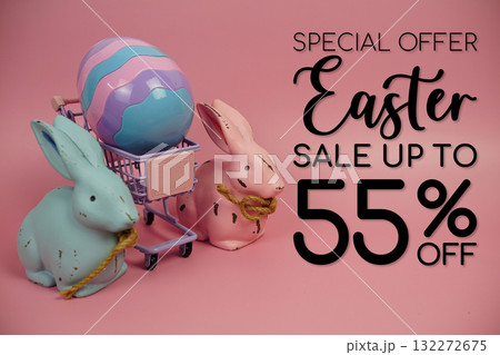 Easter Sale 55% promotion with Easter Egg and rabbits decorations concept on pink background 132272675