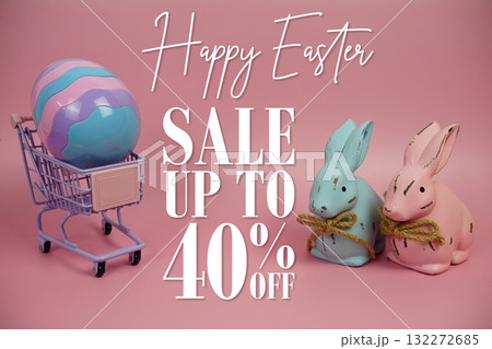 Easter Sale 40% Promotion with Easter Egg on trolley shopping cart and rabbits figure doll on pink background Easter Sale 40% Promotion with Easter Egg on trolley shopping cart and rabbits figure doll on pink background 132272685