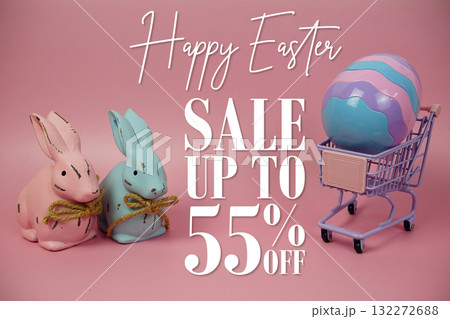 Easter Sale 55% Promotion with Easter Egg on trolley shopping cart and rabbits figure doll on pink background Easter Sale 55% Promotion with Easter Egg on trolley shopping cart and rabbits figure doll on pink background 132272688