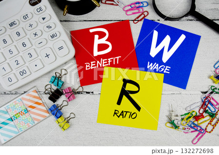 BWR Abbreviation of Benefit Wage Ratio text phrase of business and financial concept 132272698