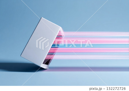 Minimalist surreal photo of plain package opening to reveal vibrant pink and blue light beams, creating futuristic and imaginative atmosphere on blue background 132272726