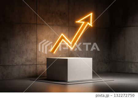Glowing upward arrow white cube concrete wall modern interior yellow neon light business growth success motivation progress futuristic style inspiring atmosphere minimal design creative concept Glowing upward arrow white cube concrete wall modern interior yellow neon light business growth success motivation progress futuristic style inspiring atmosphere minimal design creative concept 132272750