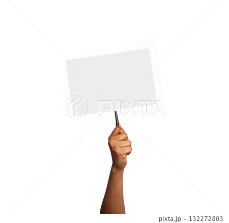 Hand Holding a Blank Sign Paper Board Isolated on White Background 132272803
