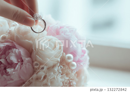 Close up of hand holding engagement ring near pastel flower bouquet, soft romantic light, delicate petals, elegant jewelry, wedding preparation, love, gentle mood 132272842