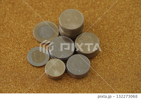 Many Hungarian forint coins background. Forint is an official Hungarian currency instead euro Many Hungarian forint coins background. Forint is an official Hungarian currency instead euro 132273068