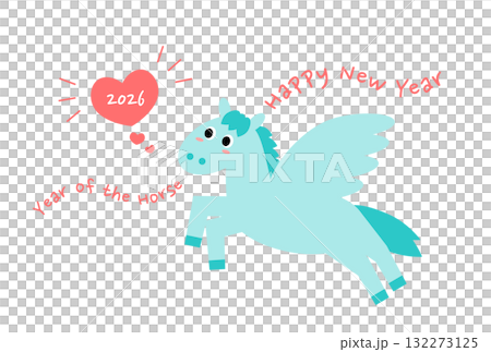 かわいいペガサスとハート 2026年午年の年賀状 かわいいペガサスとハート 2026年午年の年賀状 132273125