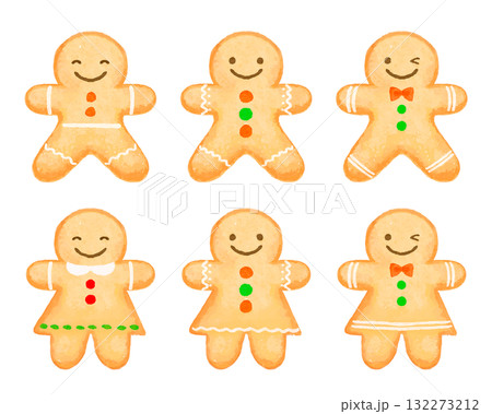水彩風ジンジャーブレッドクッキーのイラストセット 132273212