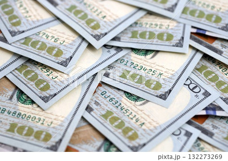 United States Dollar currency money bills. USD currency banknotes in big amount with different denomination close up 132273269