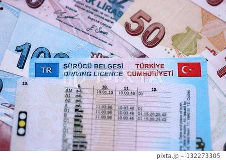 Turkiye driving permit concept. Driver license and turkish liras money bills close up 132273305