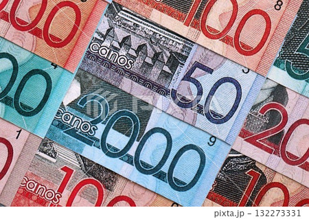 Dominican Republic Pesos currency money bills. DOP currency banknotes in big amount with different denomination close up 132273331