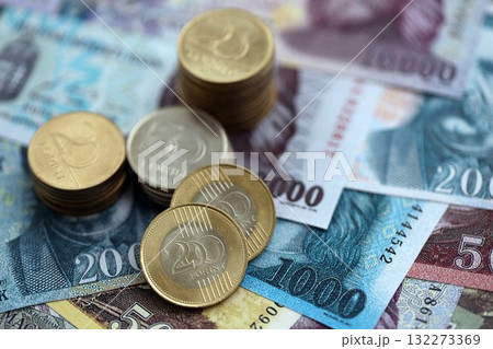 Heap of Hungarian Forint currency money bills and coins. HUF currency banknotes and coins close up 132273369