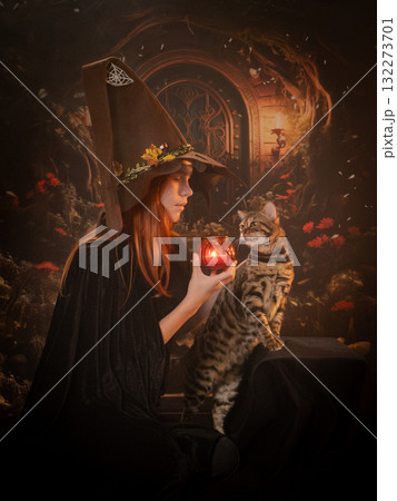 A witch and her cat are looking at the fire. Beautiful fairy-tale picture 132273701