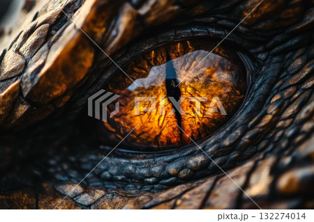 Close-up of reptilian eye with fiery orange hues in detailed scales. Captures textured pattern and intense gaze. Dark background enhances focus. Neural network AI generated 132274014