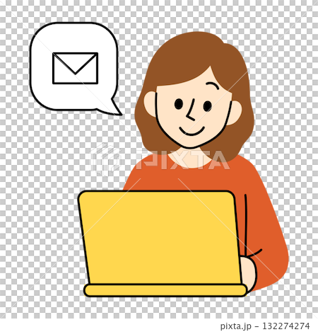 平面插圖：一位身著休閒服的女士正在查看、發送和查詢電子郵件 132274274