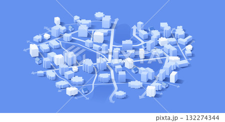 Isometric 3D City Model with Traffic Flow Arrows for Urban Planning and Logistics. Vector illustration 132274344