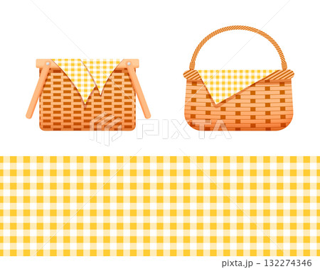 Empty wicker baskets with napkins and yellow checkered vichy texture. Handmade woven willow hampers for Thanksgivingving picnic isolated on white background. Vector cartoon illustration Empty wicker baskets with napkins and yellow checkered vichy texture. Handmade woven willow hampers for Thanksgivingving picnic isolated on white background. Vector cartoon illustration 132274346