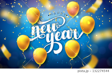 2026 Happy New Year Illustration with Gold Party Balloon and Falling Confetti on Shiny Blue Background. Vector Christmas Holiday Season Greeting Card Design with Typography Lettering for Calendar 132274544