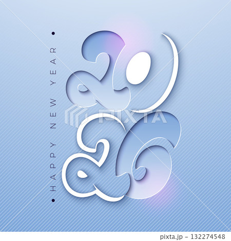 Happy New Year 2026 Greeting Card Design with Cut Out Number on Light Blue Background. Christmas Holiday Celebration Illustration with Logo Typography for Calendar, Flyer, Banner, Poster, Party 132274548