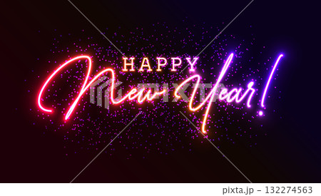 Happy New Year 2026 Greeting Card Design with Glowing Neon Light Typography Lettering on Dark Sparkle Background. Vector Christmas Holiday Season Illustration for Calendar, Celebration Poster, Party Happy New Year 2026 Greeting Card Design with Glowing Neon Light Typography Lettering on Dark Sparkle Background. Vector Christmas Holiday Season Illustration for Calendar, Celebration Poster, Party 132274563