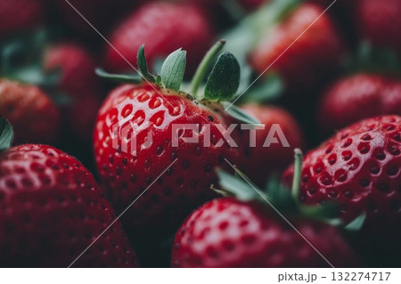 Detailed view of vibrant strawberries showcasing rich red colors and green leaves. Captured in natural lighting, creating fresh and appetizing appearance. Neural network AI generated 132274717