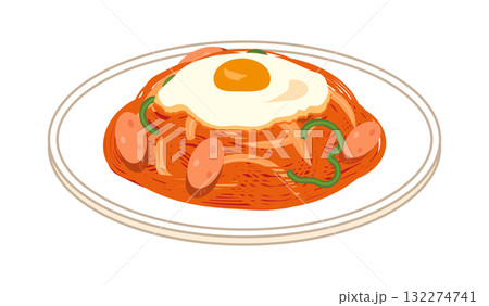 皿に盛った目玉焼きを乗せたナポリタンのイラスト 132274741