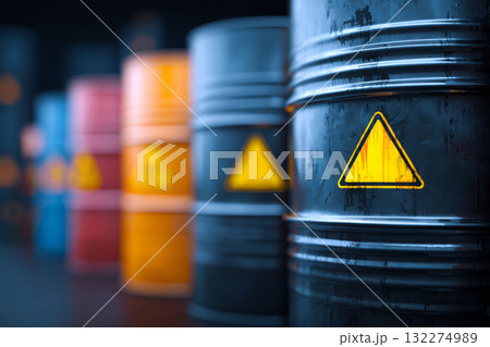 Stacked rusty oil barrels marked with yellow warning triangles 132274989
